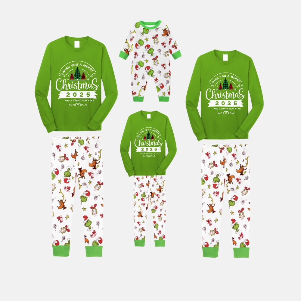 Christmas Family Matching Pajamas-Green Top and Grinch Pants Pjs Set with "Wish You A Merry Christmas 2025" Print
