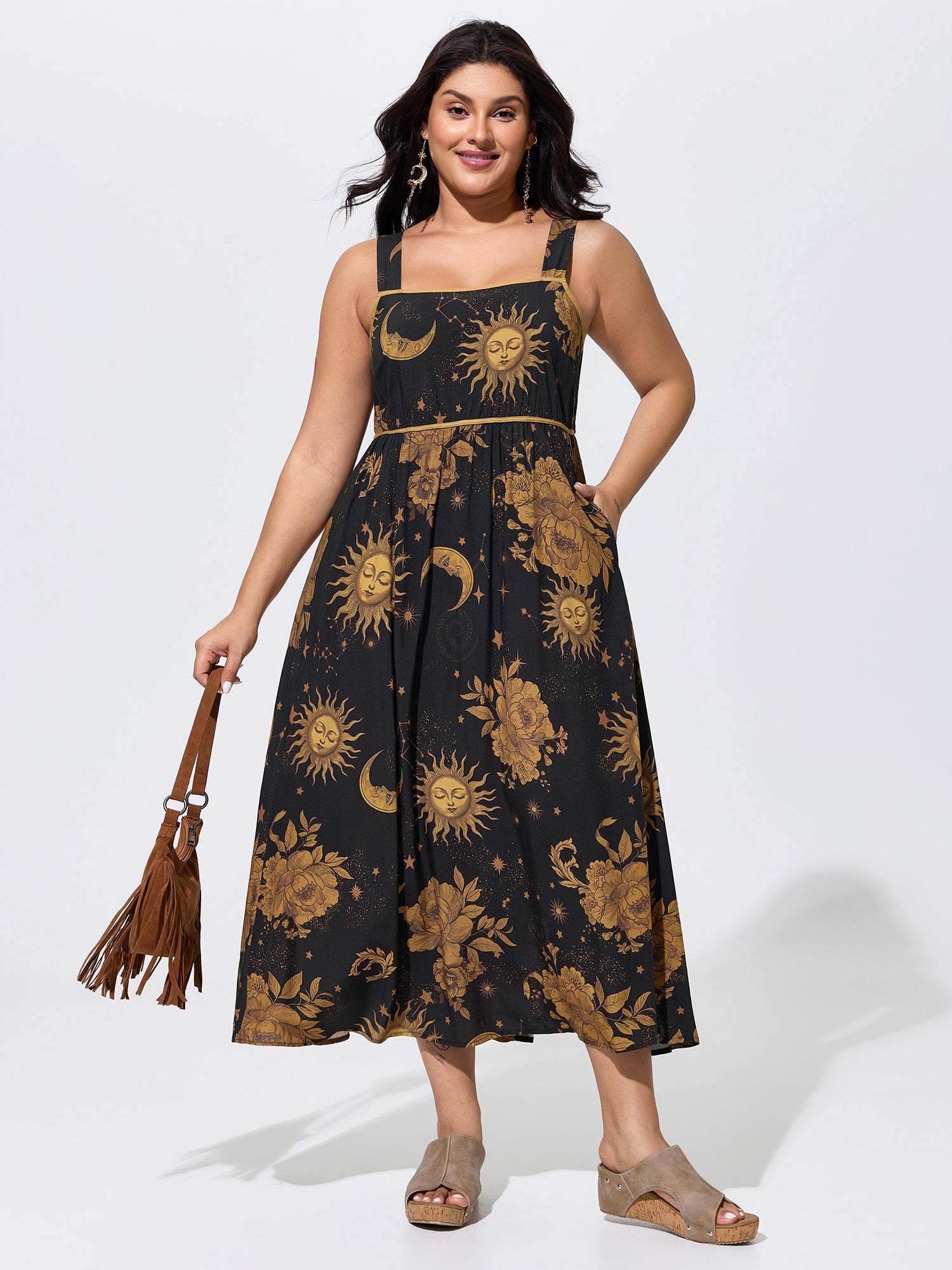 Celestial Print Wide Straps Midi Dress