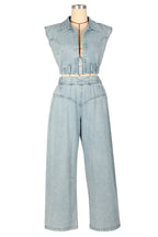 Denim V Neck Sleeveless Zipper Crop Top Wide Leg Pants Casual 2pcs Set-Blue