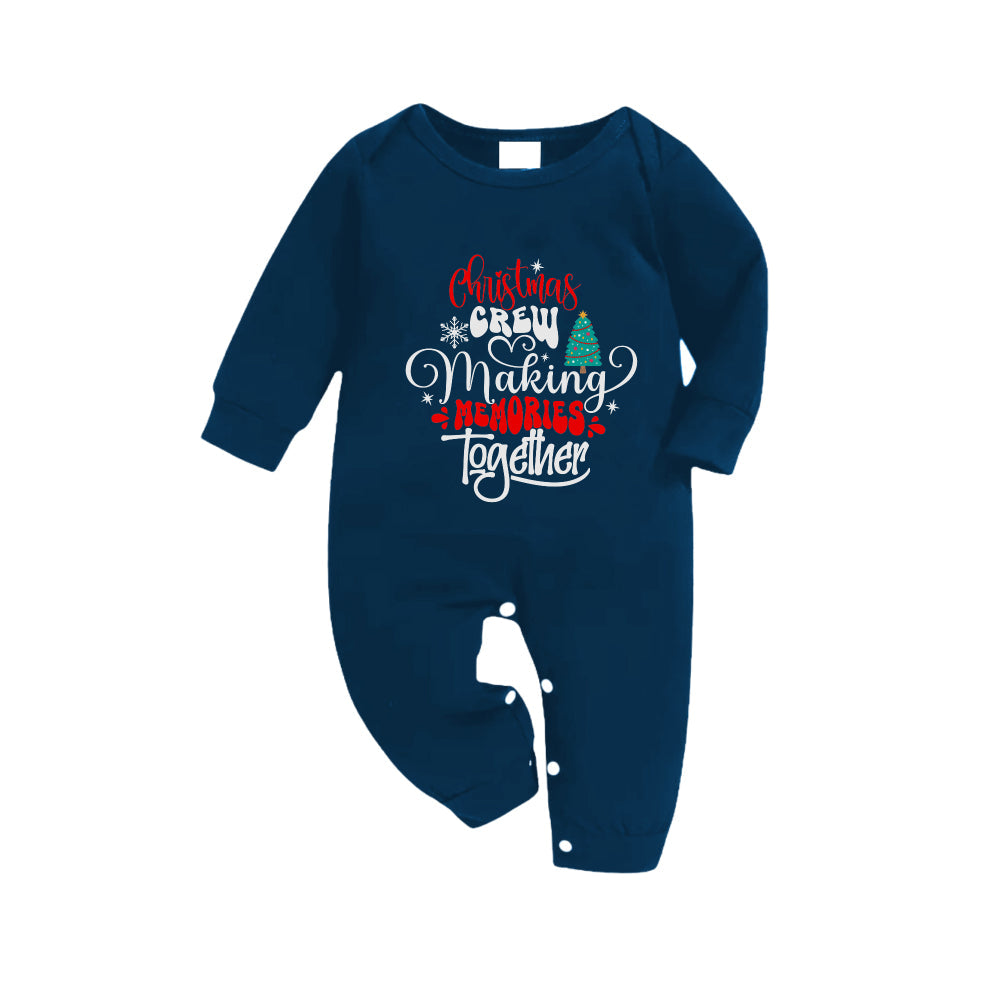 Christmas Family Matching Pajamas-Navy & Sky Blue Plaid Pjs Set with "Christmas Crew Making Memories Together" Artistic Font Print