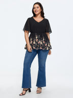 Floral Mesh V-Neck Fit And Flare Top