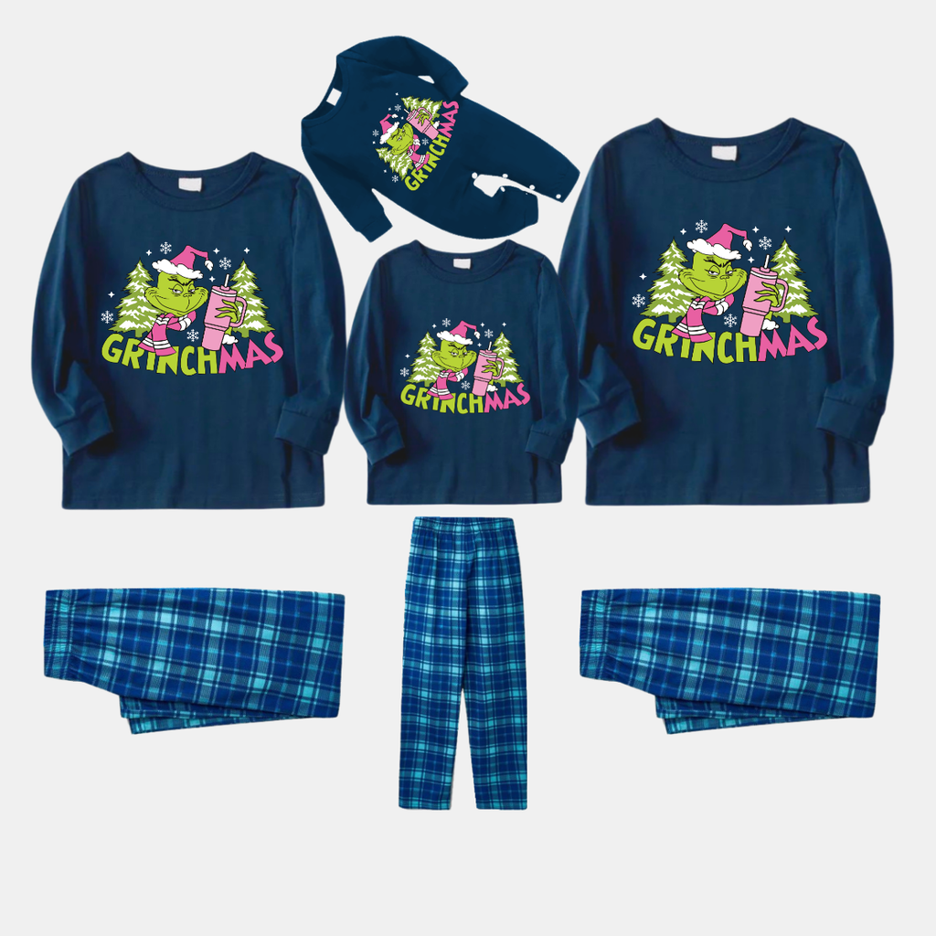 Navy & Sky Blue Plaid Christmas Pajamas Set With Grinch and " Grinchmas" Text Print