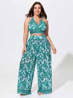 Two-Piece Tropical Print Sheer Wide-Leg Swim Bottoms