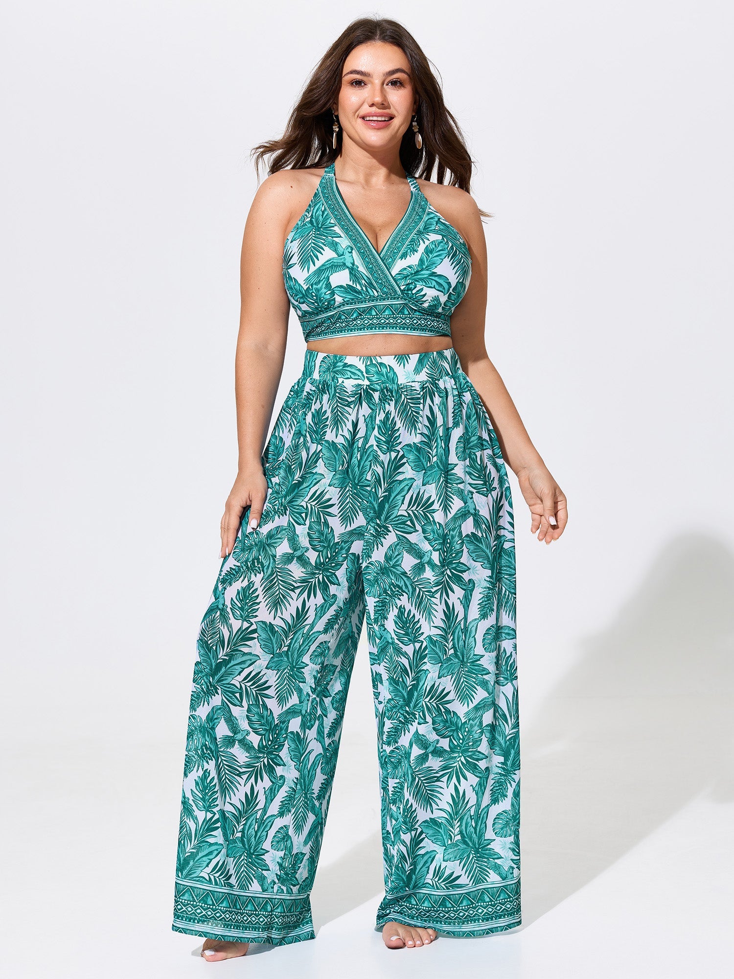 Two-Piece Tropical Print Sheer Wide-Leg Swim Bottoms