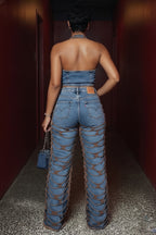 Denim Halter Cut Out Crop Top Wide Leg Pants 2pcs Set-Blue [Pre Order]