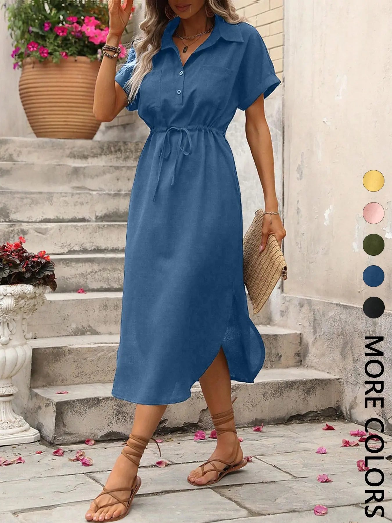 Women's Solid Color Button Front Dress, Casual Short Sleeve Dress for Daily Wear, Ladies Clothes for Summer, Brunch Dresses, Formal Womenswear