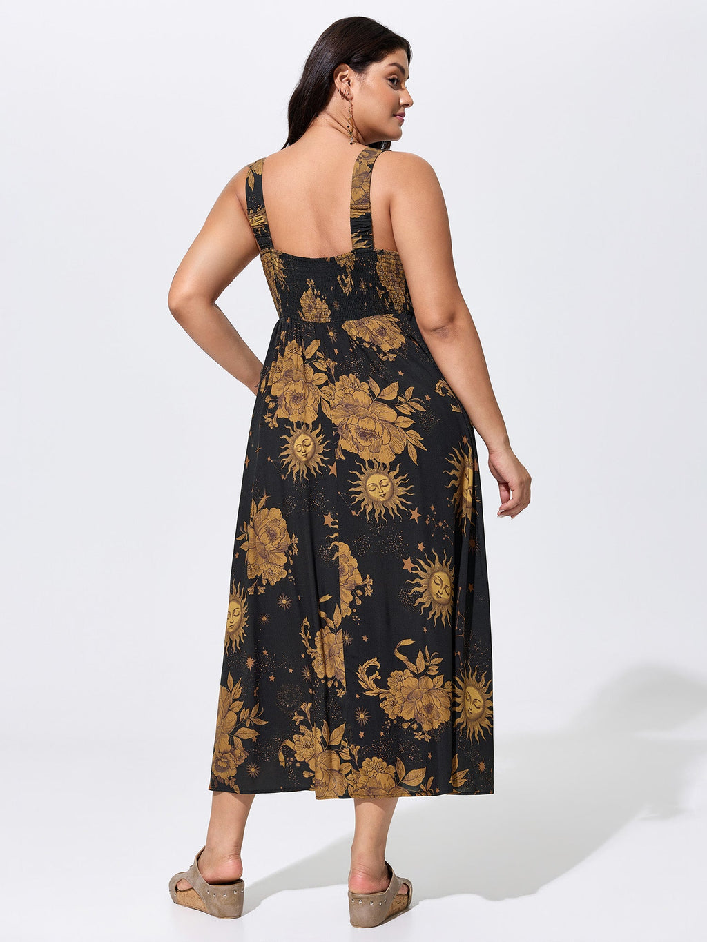 Celestial Print Wide Straps Midi Dress