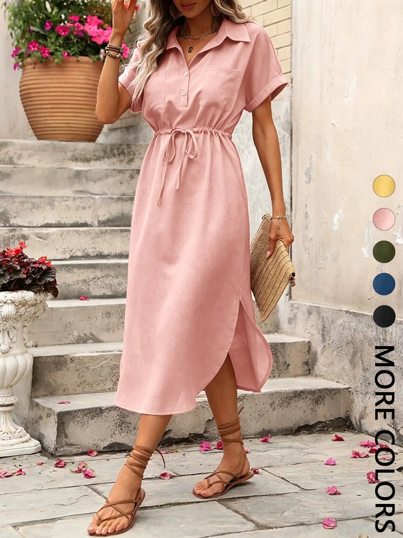 Women's Solid Color Button Front Dress, Casual Short Sleeve Dress for Daily Wear, Ladies Clothes for Summer, Brunch Dresses, Formal Womenswear
