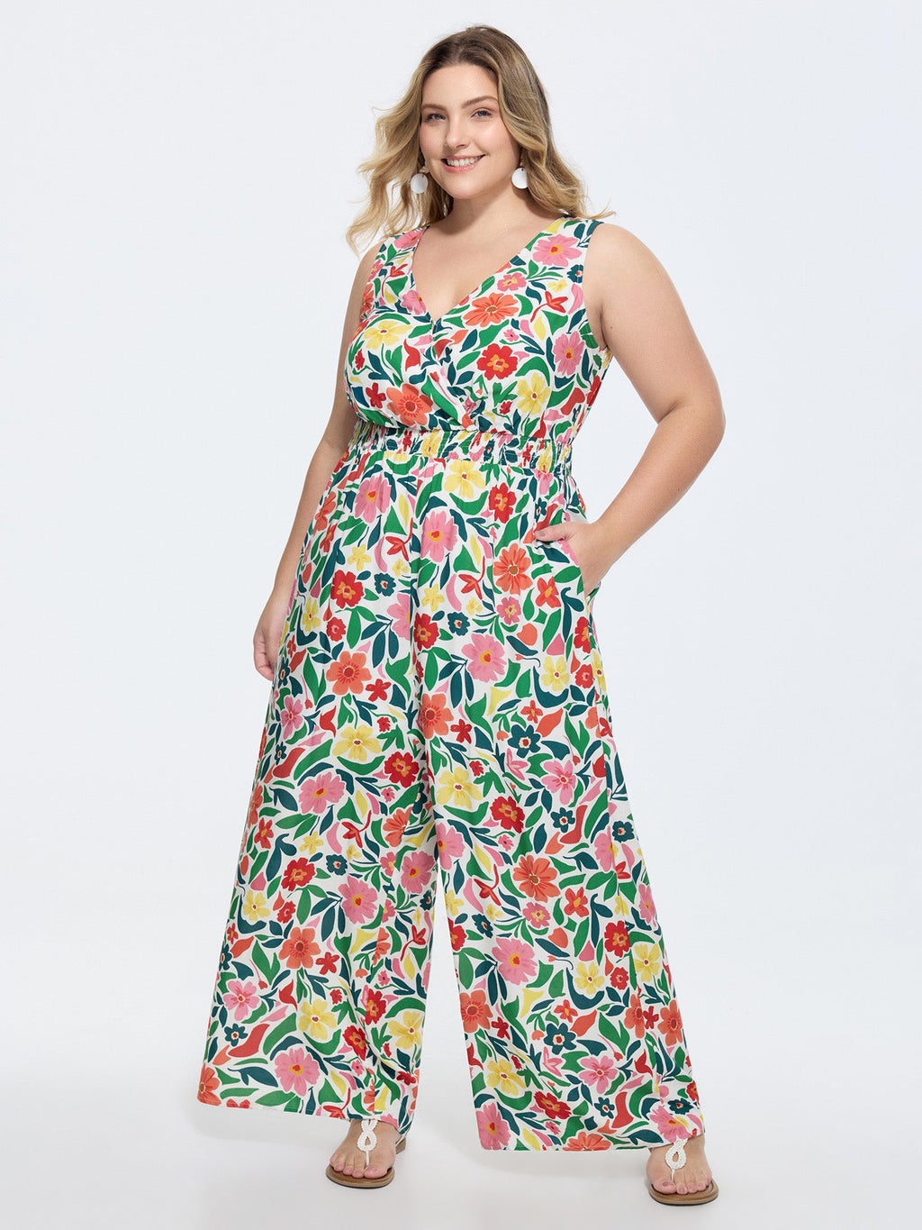 Vibrant Floral Print Shirred Waist Jumpsuit