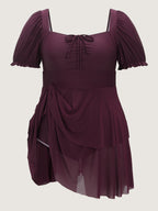 Sheer Ruched Bodice Tiered Swim Dress