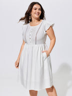 Cotton Lace Trim Pleated Plain Mini Dress