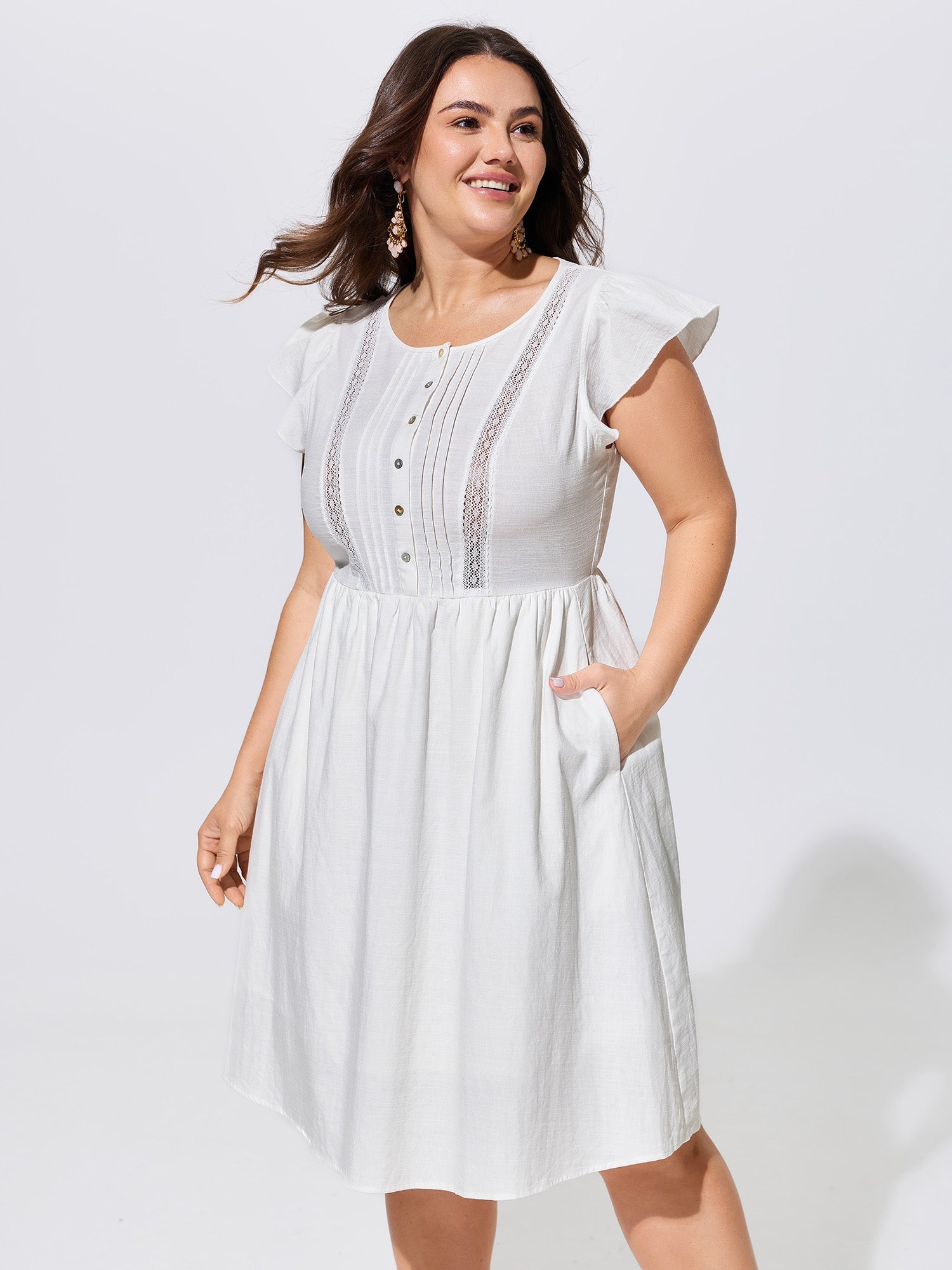 Cotton Lace Trim Pleated Plain Mini Dress