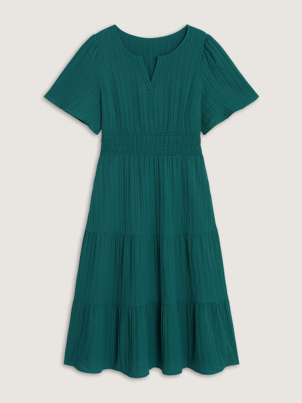 Shirred Waist Split Neckline Tiered Maxi Dress