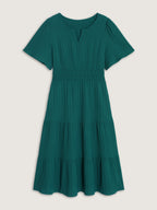 Shirred Waist Split Neckline Tiered Maxi Dress