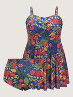 Vibrant Floral Print Twist Front Swim Dress