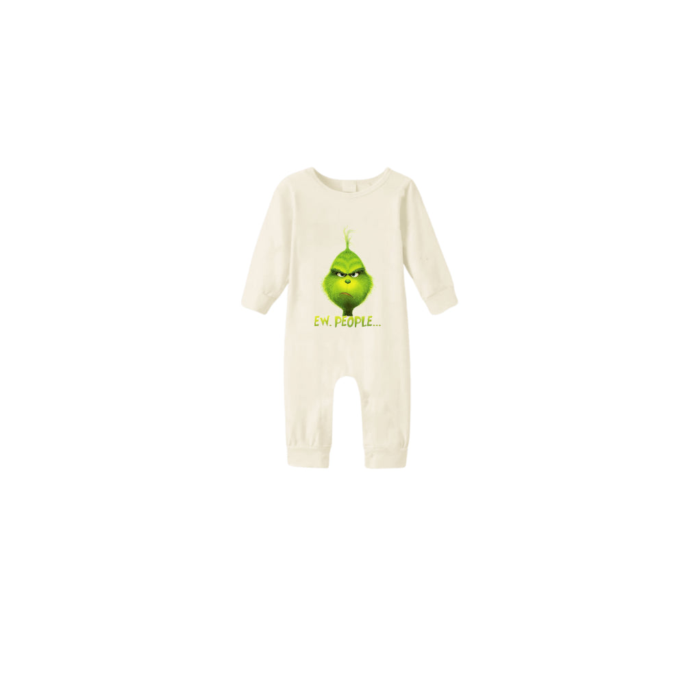 Beige Christmas Pattern Print Christmas Pajamas Set With Grinch and "EW People" Print
