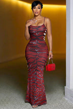 Spaghetti Strap Animal Print Bodycon Party Maxi Dresses-Burgundy