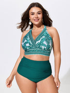 Tropical Print Surplice Neckline Swim Top