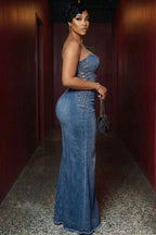 Denim Spaghetti Strap Lace Up Raw Edge Casual Maxi Dresses-Blue