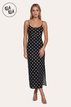 Retro Polka Dot Slit Maxi Slip Dress in Black