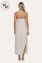 Retro Polka Dot Slit Maxi Slip Dress in White
