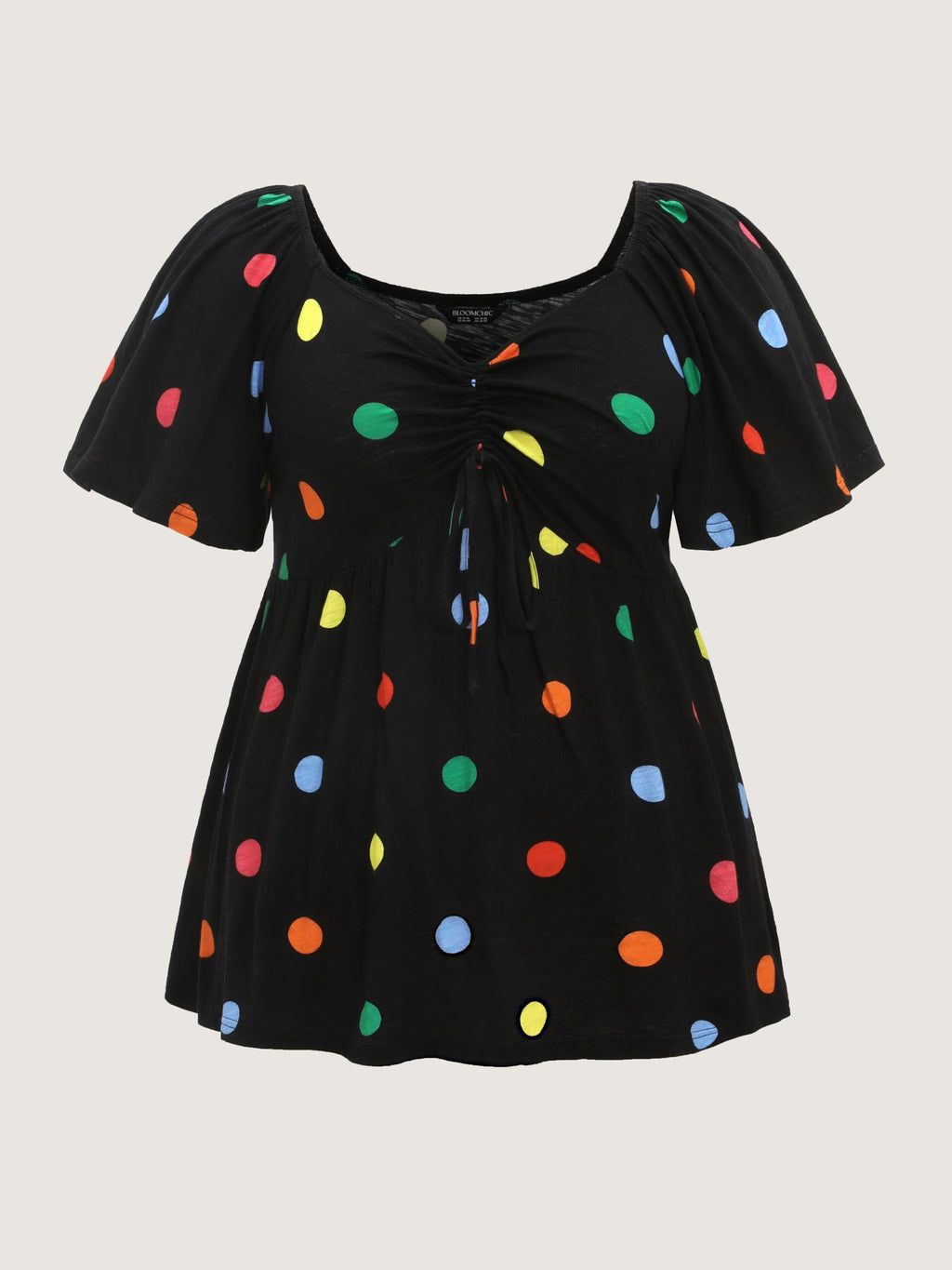 Cotton Stretchy Colorful Dot Print Drawstring Babydoll Top