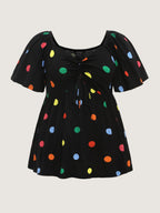 Cotton Stretchy Colorful Dot Print Drawstring Babydoll Top