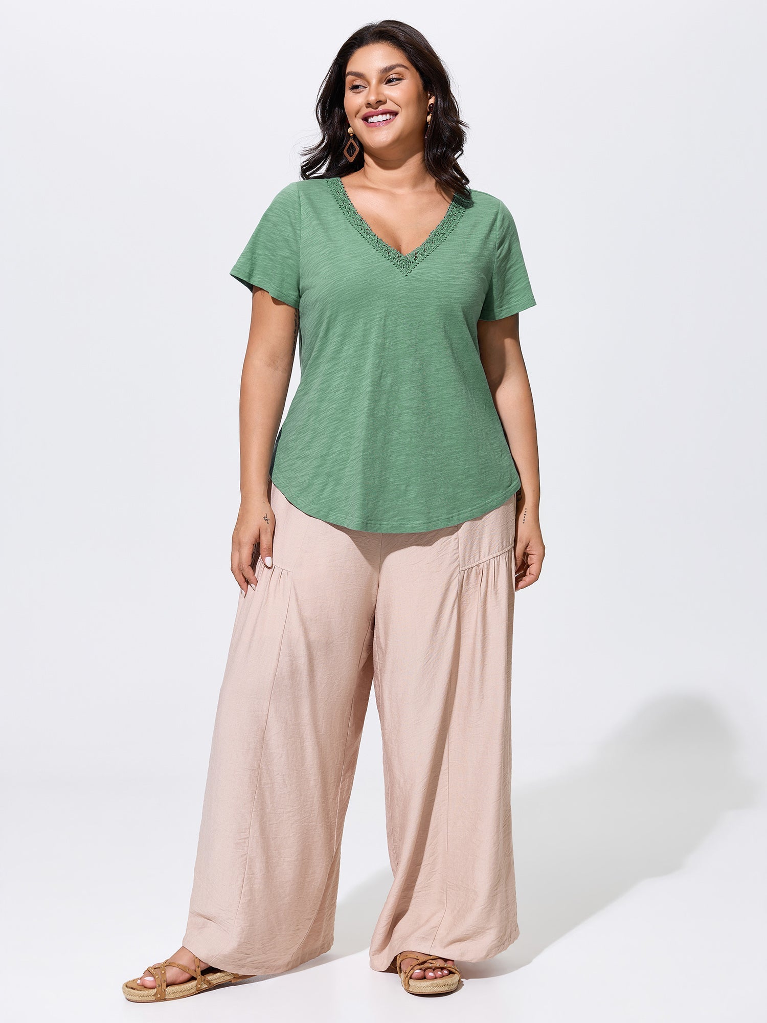 Cotton Supported Bra Stretchy V-Neck Plain T-Shirt