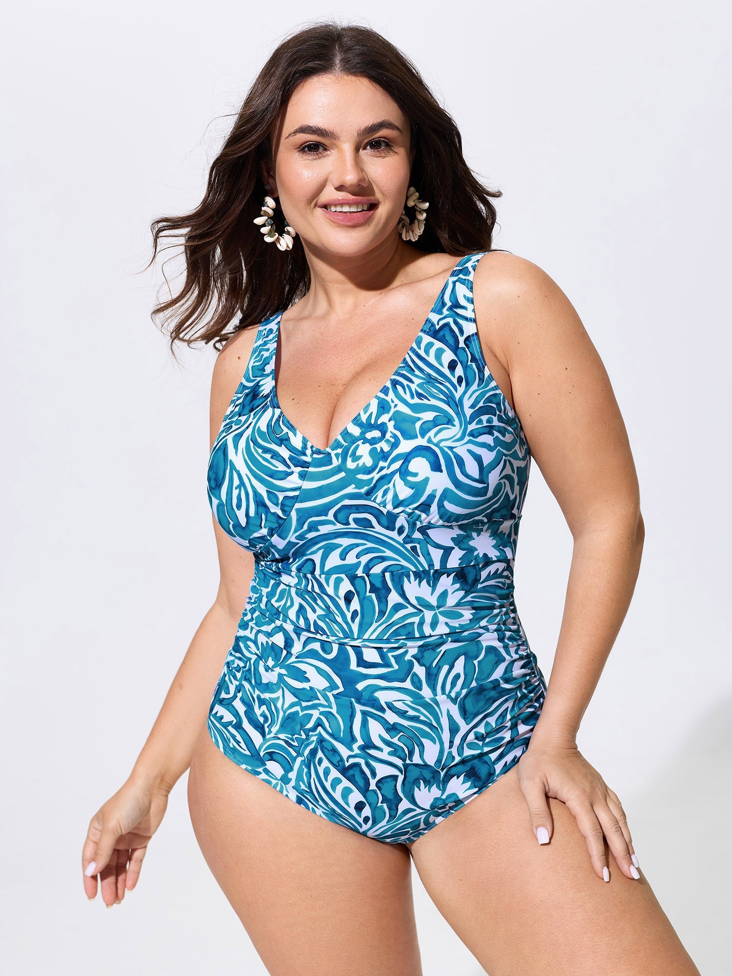 Floral Print V-Neck Ruched One-Piece Swim