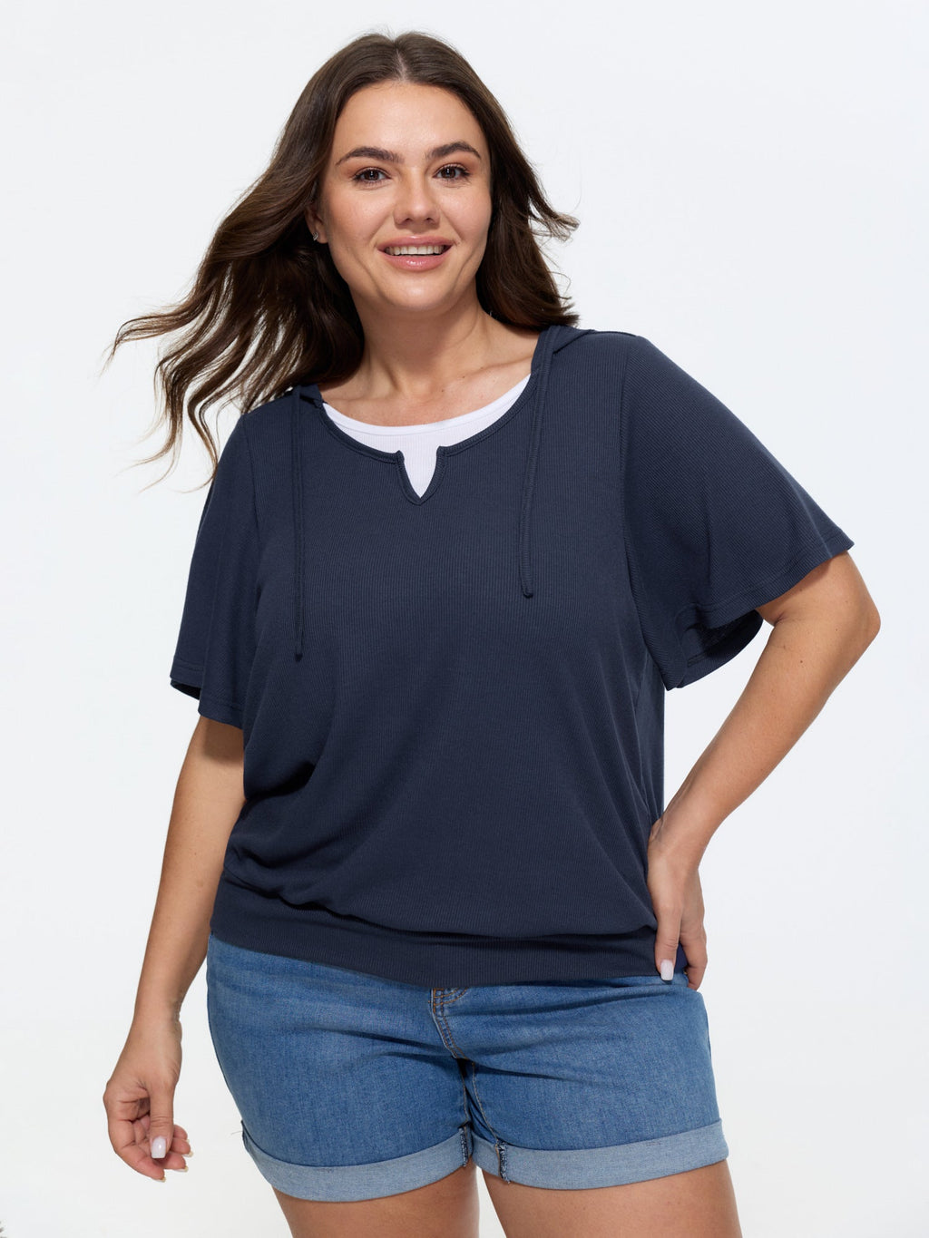 Stretchy Hooded Color Contrast T-Shirt