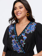 Floral Embroidered Wrap Neckline Top