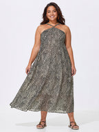 Sheer Geometric Print Halter Neckline Slip Maxi Dress