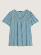 Cotton Ruffled Sleeve V-Neck T-Shirt
