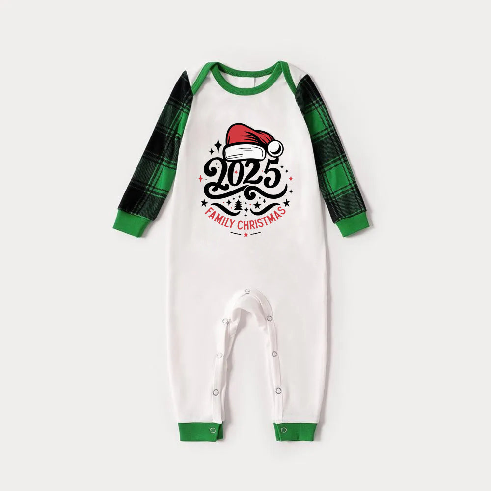 Green Raglan Top Green Plaid Christmas Pajamas Set With “2025 FAMILY CHRISTMAS” and Santa Hat Print