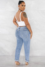 Denim High Waist Ripped Slim Fit Tapered Casual Cuffed Jeans-LightBlue