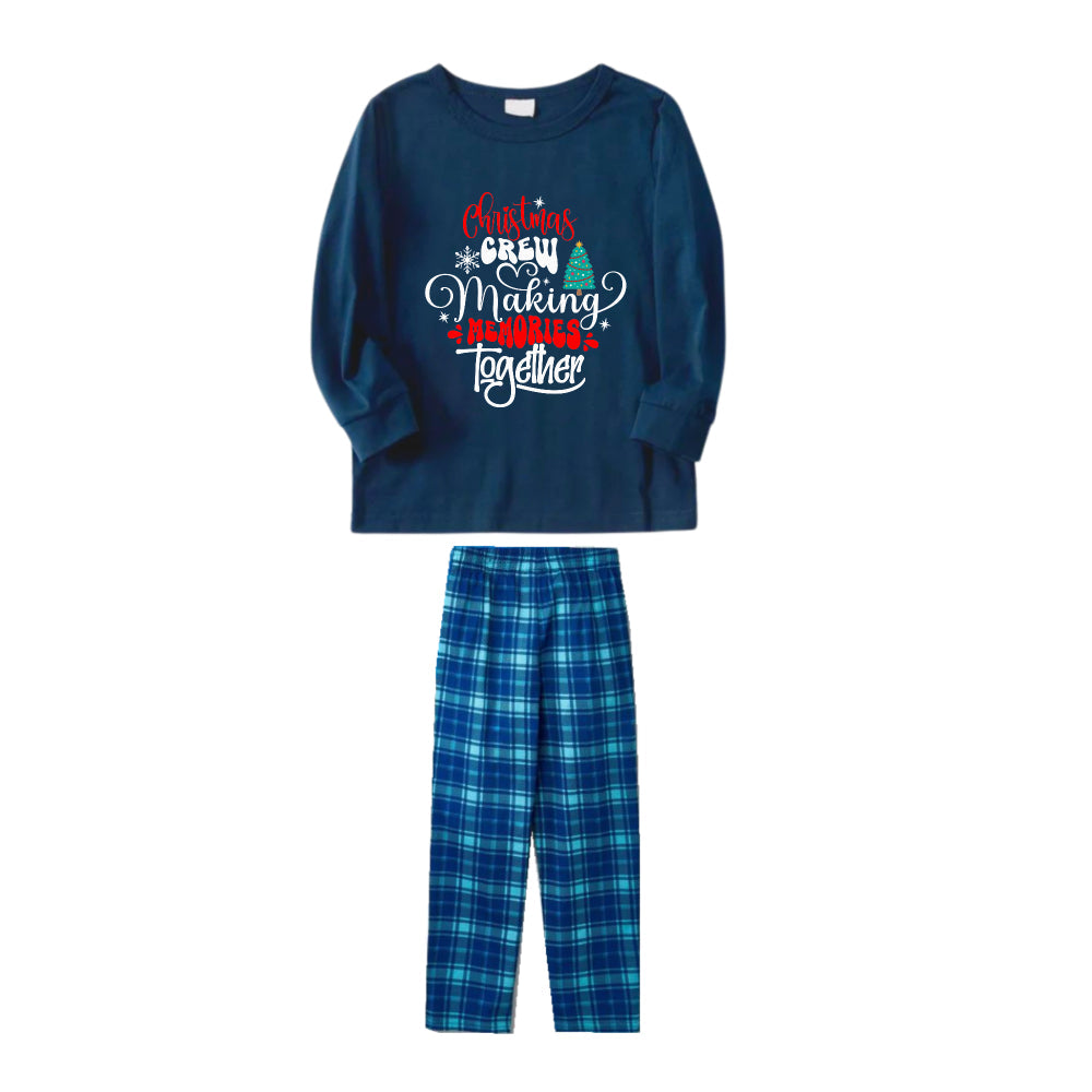 Christmas Family Matching Pajamas-Navy & Sky Blue Plaid Pjs Set with "Christmas Crew Making Memories Together" Artistic Font Print