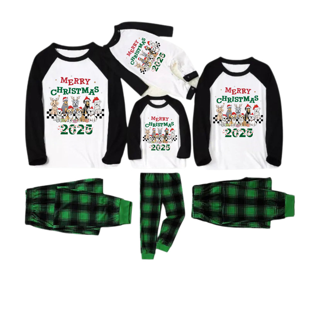 Black Raglan Top Green Plaid Christmas Pajamas Set With "Merry Christmas" and Dog Print