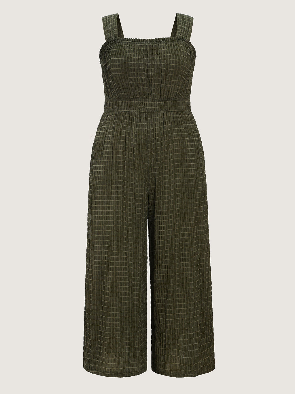 Textured Wide Straps Shirred Waist Jumpsuit