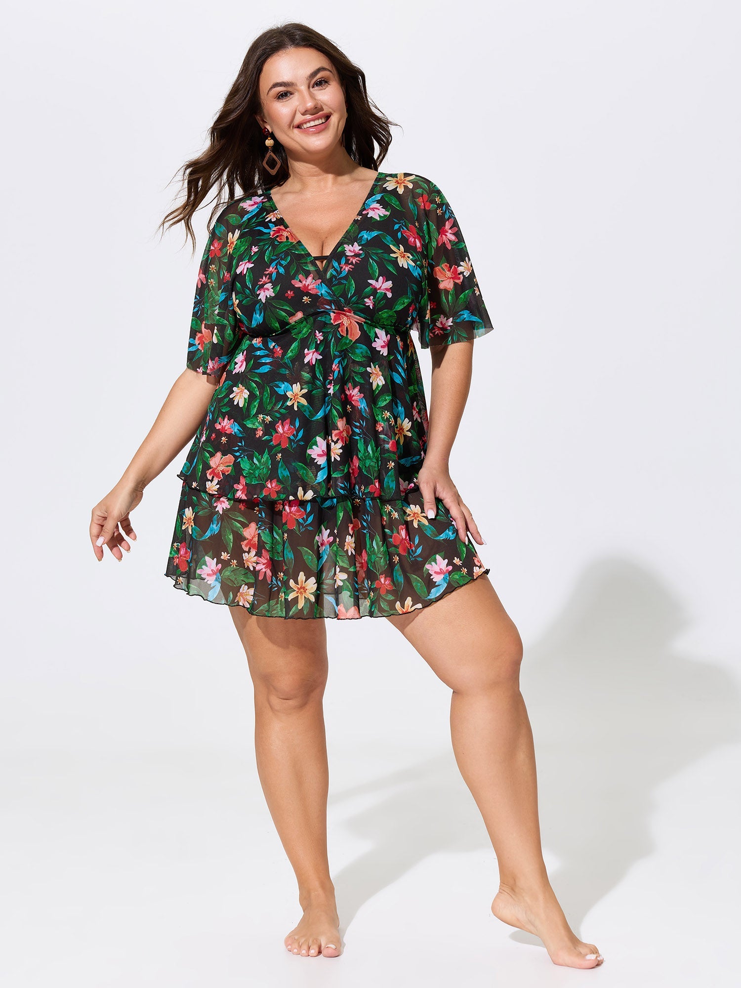 Floral Print Mesh Tiered Swim Dress