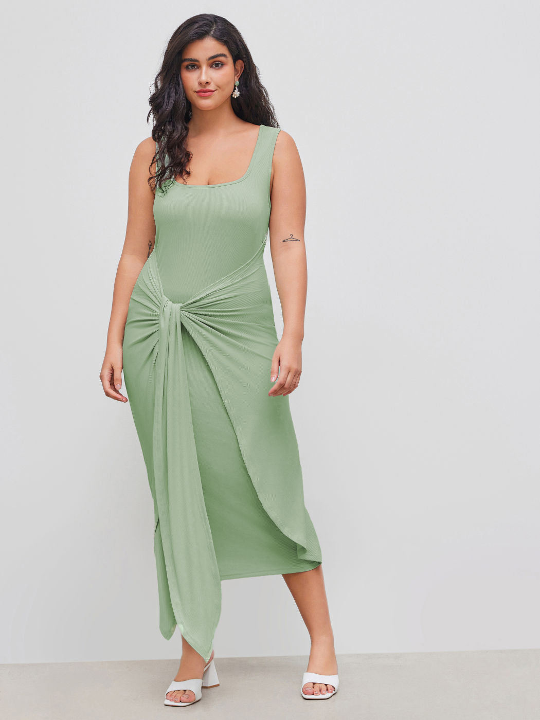 Square Neck Solid Twist Knotted Maxi Dress Curve & Plus Dress