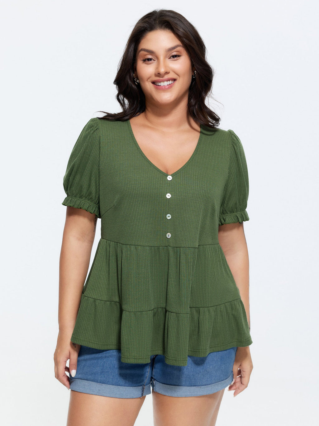 Stretchy Tiered Button Detail Knit Top