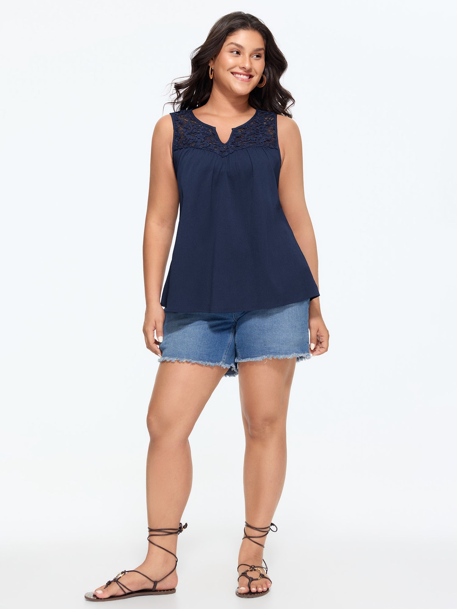 Cut-Out Lace Neckline Pleated Tank Top