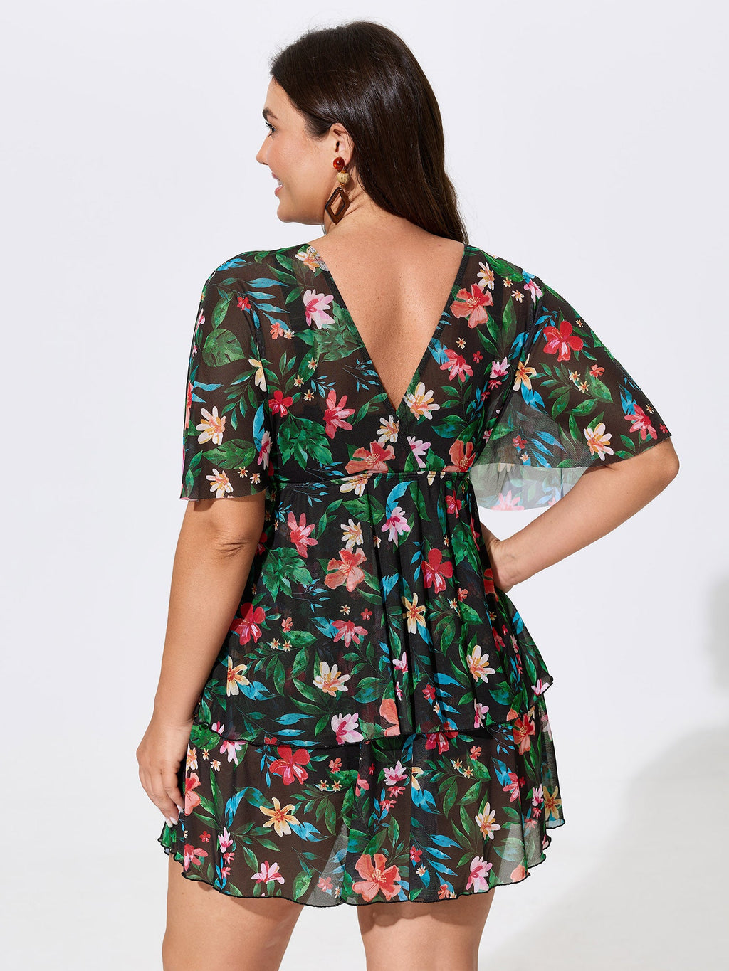 Floral Print Mesh Tiered Swim Dress