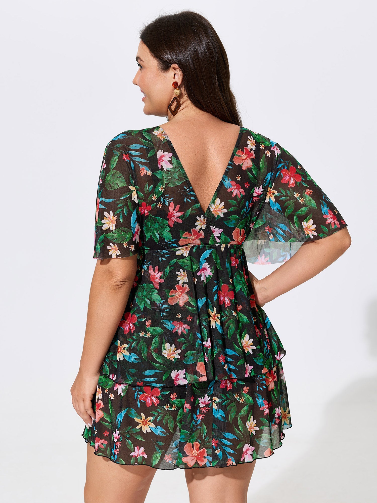 Floral Print Mesh Tiered Swim Dress