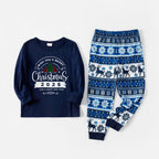 Joyful Blue Christmas Pajamas Set With With "Wish You A Merry Christmas 2025 and Happy New Year" Print