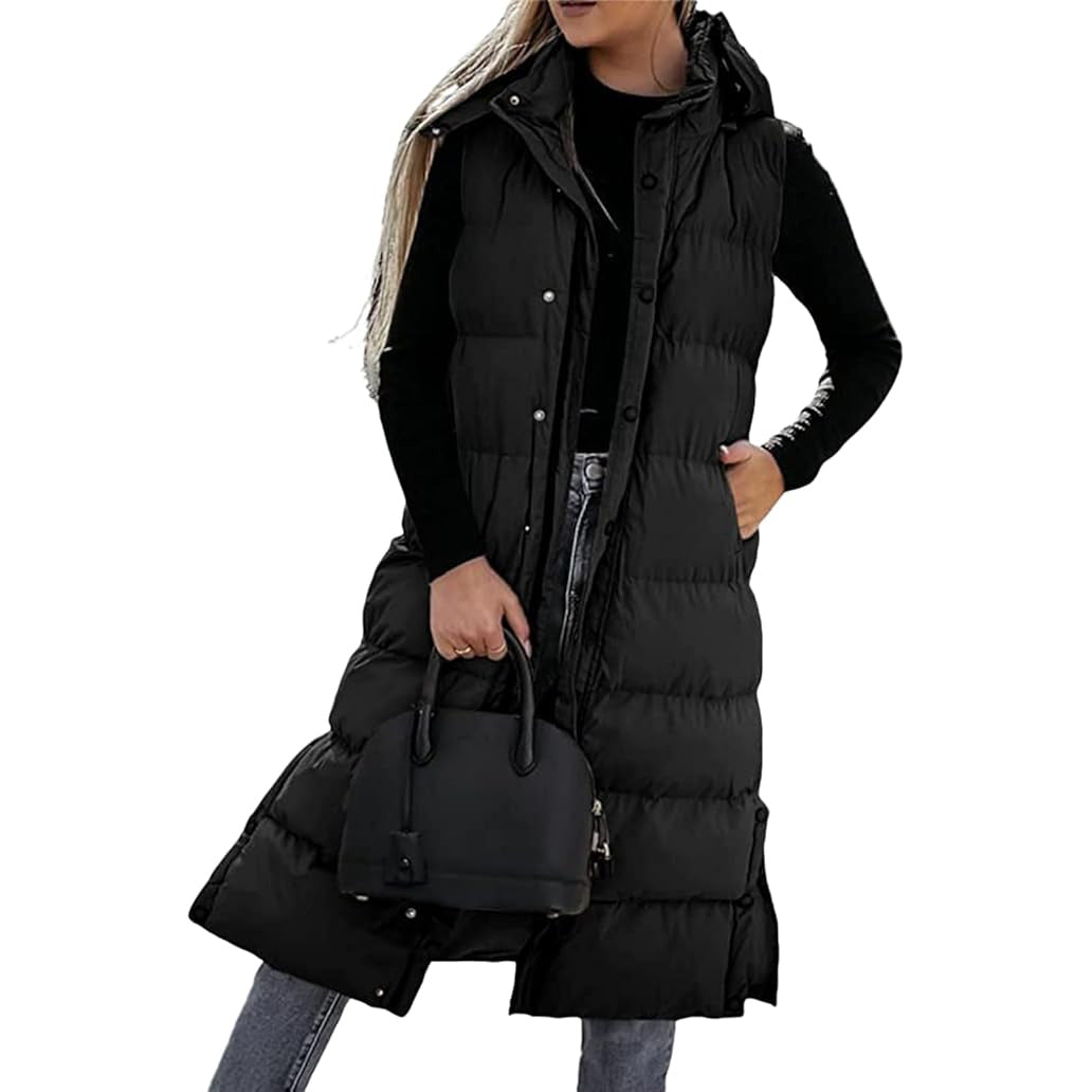Women's Long Puffer Vest with Quilted Hood & Button Down Closure