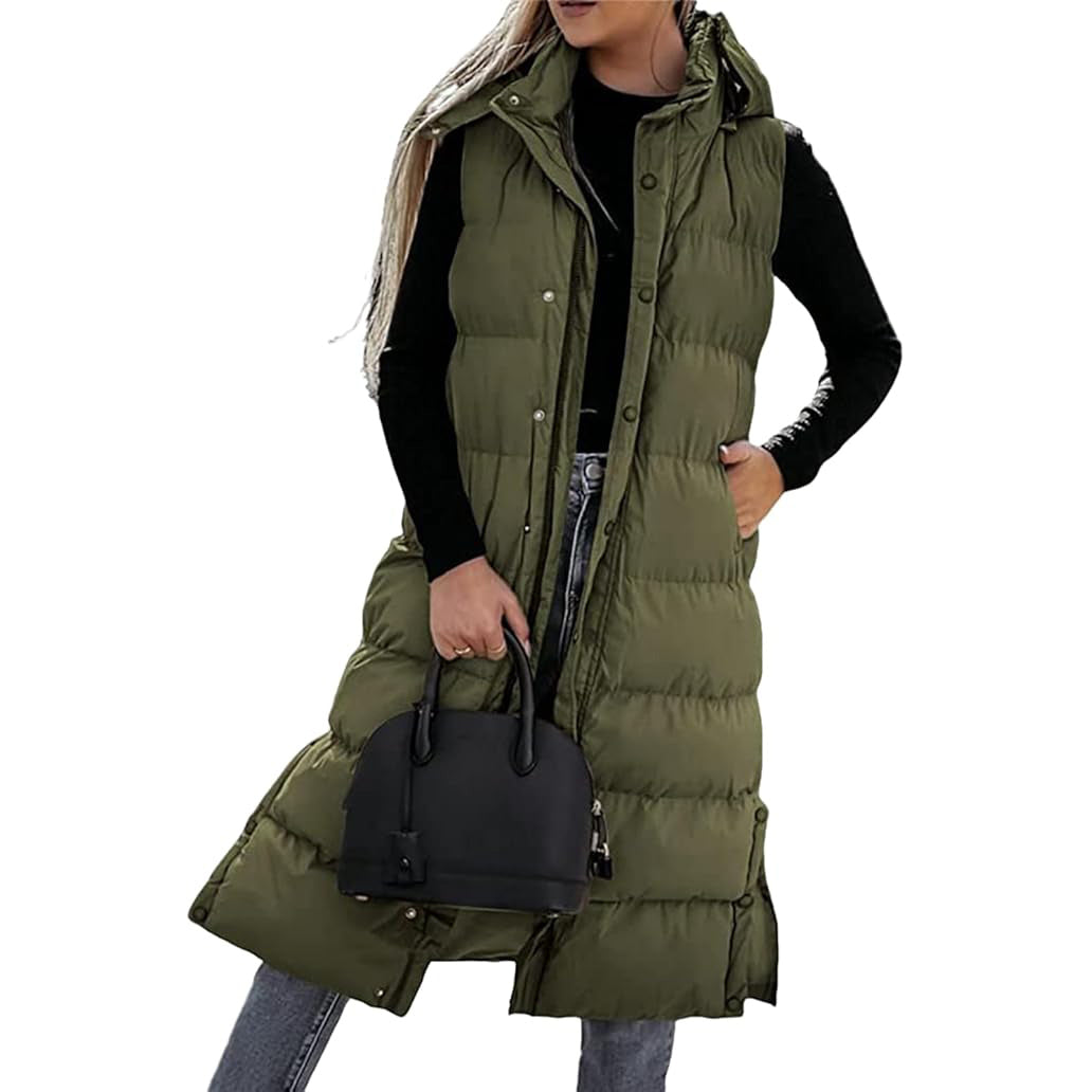 Women's Long Puffer Vest with Quilted Hood & Button Down Closure