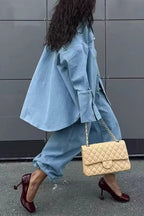 Denim Turndown Collar Balloon Sleeve Long Top Pants Casual 2pcs Set-Blue