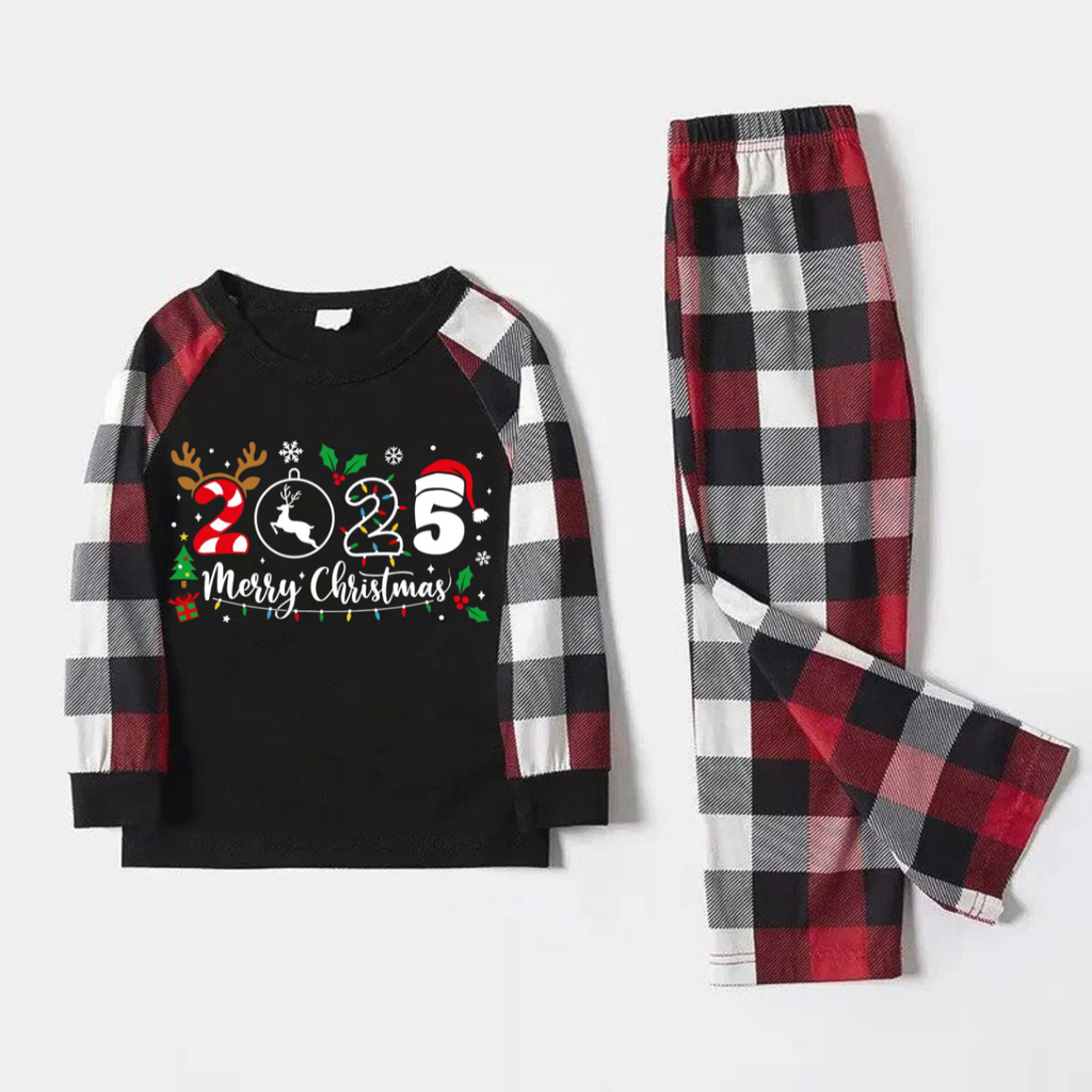 "2025 Merry Christmas" Text Snowflake Printed Pattern - Black Top with Red&Black&White Plaid Sleeves - Family Matching Pajamas