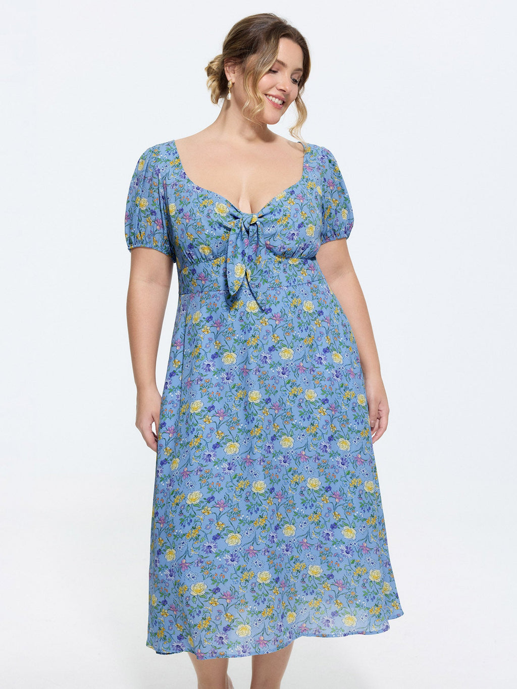 Floral Print Knotted-Front Ruched Midi Dress